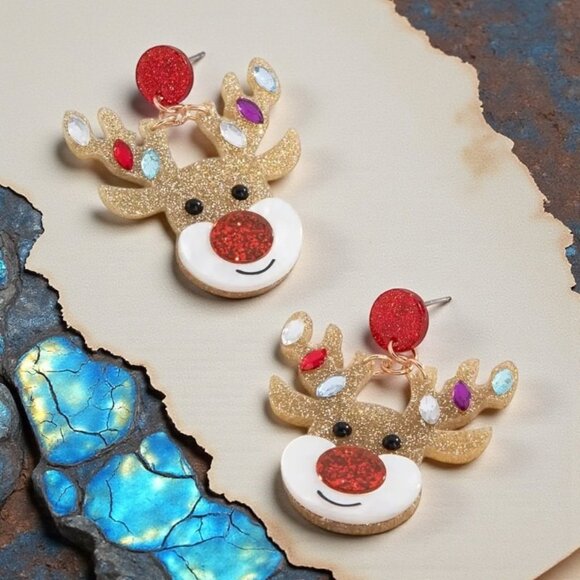 🆕Christmas Holiday Reindeer Head Novelty Earrings Glittery Rhinestone Dangle - Picture 5 of 14